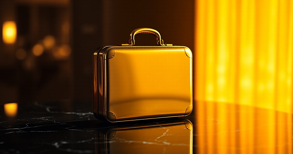 A single polished golden briefcase standing upright on a dark reflective black marble surface under dramatic warm amber and gold rim light with soft glowing golden bokeh behind it, symbolising the jobs-and-earnings week of August 3 to 7 2026 that brings the July nonfarm payrolls report on Friday alongside second-quarter results from Palantir, AMD, Eli Lilly and SpaceX's first earnings report as a public company