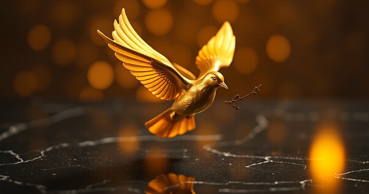 A single polished golden dove of peace with outstretched wings in mid flight carrying a tiny branch, standing out against a dark reflective black marble surface under dramatic warm amber and gold rim light with soft glowing golden bokeh behind it, used in the ThriveInMarkets morning analysis for Monday August 3 2026, the morning after President Trump called off a planned strike on Iran over the weekend and said negotiations would resume, a de-escalation that combined with an OPEC+ output increase to drain the war premium from crude and send West Texas Intermediate down about 6 percent to near 79.90 dollars while S&P 500 futures rose about 0.6 percent, Nasdaq 100 futures gained and Dow futures firmed ahead of a data-heavy week that brings the July jobs report on Friday and earnings from Palantir, AMD, Eli Lilly and SpaceX's first report as a public company, with Bitcoin near 62,700 dollars, Ether near 1,838 dollars and gold easing to near 4,063 dollars