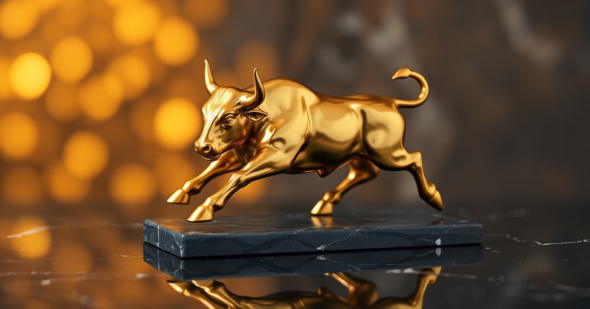 A single polished golden charging bull statue mid-stride on a dark reflective black marble surface under dramatic warm amber and gold rim light with soft glowing golden bokeh behind it, symbolising the record-setting Wall Street rally of Monday August 3 2026 that carried into Tuesday's earnings-heavy session featuring first-ever results from SpaceX and second-quarter reports from AMD, Caterpillar, McDonald's and BP
