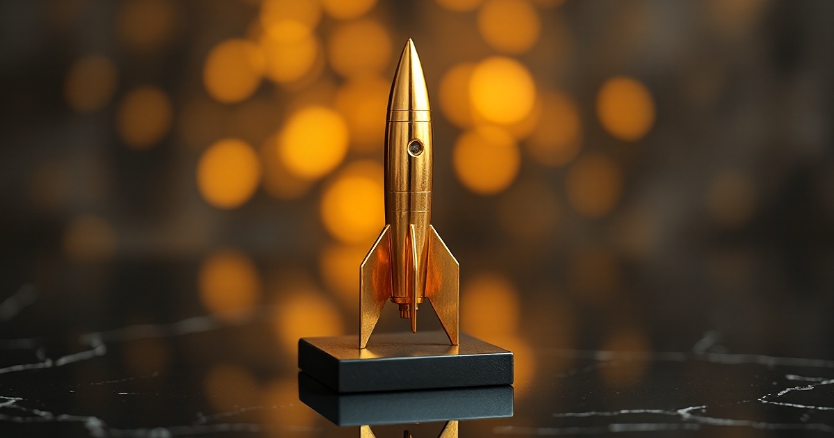 A single polished golden model rocket ship standing upright on its dark base ready for liftoff on a dark reflective black marble surface under dramatic warm amber and gold rim light with soft glowing golden bokeh behind it, used in the ThriveInMarkets morning analysis for Tuesday August 4 2026, the morning SpaceX prepares to deliver its first-ever quarterly results as a public company after the closing bell alongside AMD, Caterpillar, McDonald's and BP, one trading day after Wall Street surged to records with the Dow closing at an all-time high, the S&P 500 climbing about 1.5 percent to 7,600.50 and Amazon topping a 3 trillion dollar market value for the first time as crude oil crashed on the Iran de-escalation, with US stock futures edging higher, West Texas Intermediate steadying near 80 dollars, Bitcoin near 63,600 dollars, Ether near 1,853 dollars and gold holding near 4,064 dollars