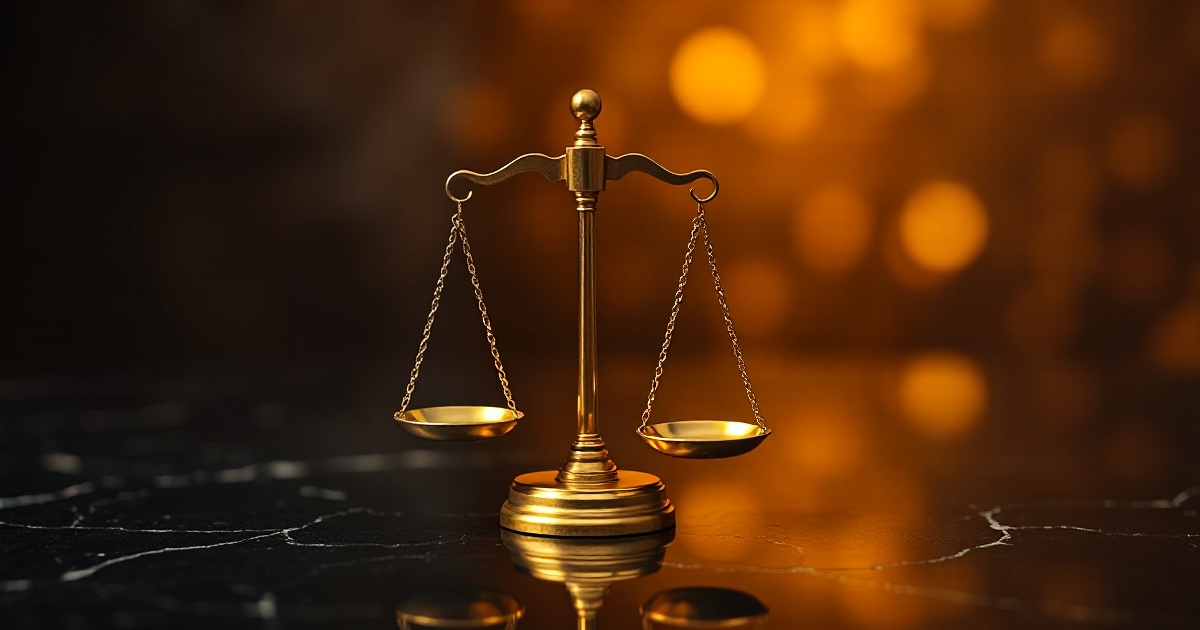 A single polished golden two-pan balance scale of justice standing upright on a dark reflective black marble surface under dramatic warm amber and gold rim light with soft glowing golden bokeh behind it, symbolising the split between Wall Street's record-setting Tuesday August 4 2026 close and the after-hours slide in AMD and SpaceX shares despite both companies beating revenue expectations