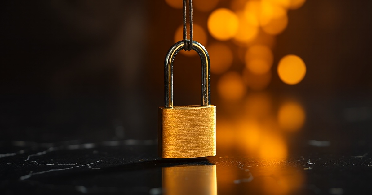 A single golden metallic padlock hanging open and unlocked on a dark reflective black marble surface under warm amber and gold rim light with soft glowing golden bokeh behind it, symbolising the expiry of SpaceX's post-IPO lock-up on Thursday August 6 2026 that frees roughly 101 billion dollars of insider and early-investor shares to trade