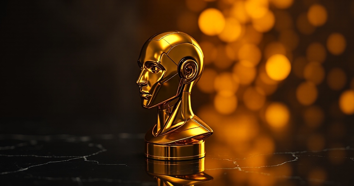 A single polished golden humanoid robot head and shoulders bust on a dark reflective black marble surface under warm amber and gold rim light with glowing golden bokeh behind it, symbolising the wave of artificial intelligence earnings due in the week of August 10 2026 including CoreWeave on Tuesday, Cisco on Wednesday and Applied Materials on Thursday, key tests of the record-setting AI-led rally that carried the S&P 500 to a record close of 7,757.64