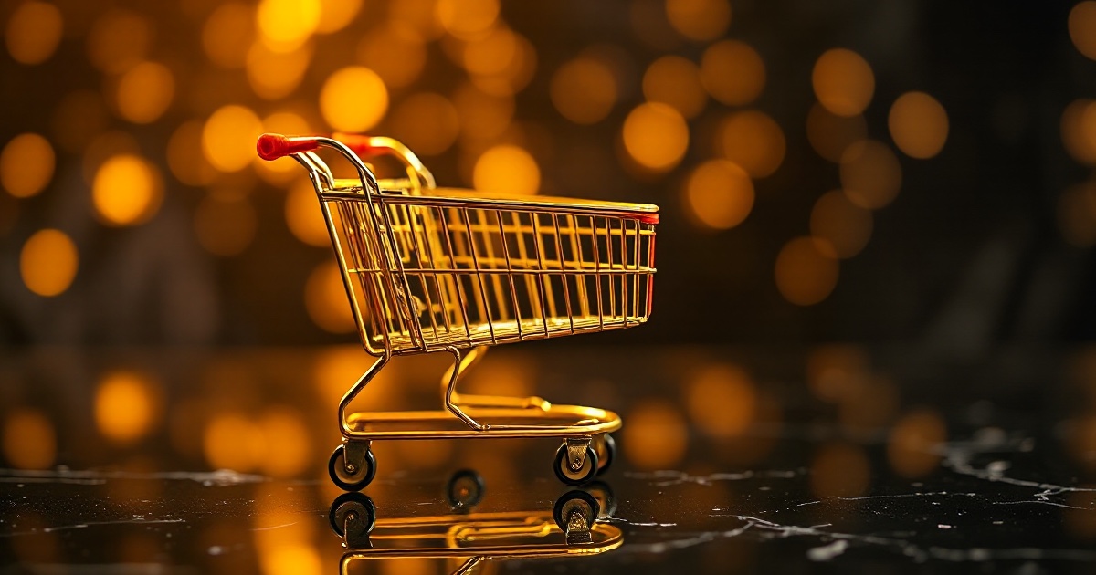 A single polished golden metal shopping cart standing on a dark reflective black marble surface under warm amber and gold rim light with glowing golden bokeh behind it, symbolising the ThriveInMarkets morning analysis for Monday August 10 2026, the open of an inflation-heavy trading week in which the US July Consumer Price Index lands on Wednesday August 12 followed by July Producer Prices on Thursday and July retail sales plus the preliminary University of Michigan consumer sentiment survey on Friday, all read against a backdrop where the prior Friday's July non-farm payrolls report shockingly showed the US economy lost 23,000 jobs and revived Federal Reserve rate-cut bets ahead of the September 15 to 16 meeting, sending the S&P 500 to a record Friday close of 7,757.64 and its strongest week since April, while a wave of artificial intelligence earnings from CoreWeave on Tuesday, Cisco on Wednesday and Applied Materials on Thursday tests the record-setting rally, gold held near 4,360 dollars close to record territory, West Texas Intermediate firmed near 78 dollars on doubts over a Strait of Hormuz reopening, Bitcoin topped 65,000 dollars near 65,300 and Ether traded near 1,928 dollars