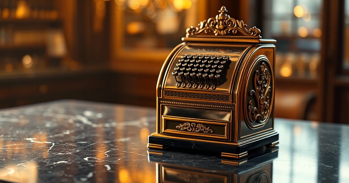 A vintage polished brass cash register on dark marble, symbolising Friday August 14 2026 July retail sales, the last inflation-week print after the S&P 500 closed at a record 7,798.99