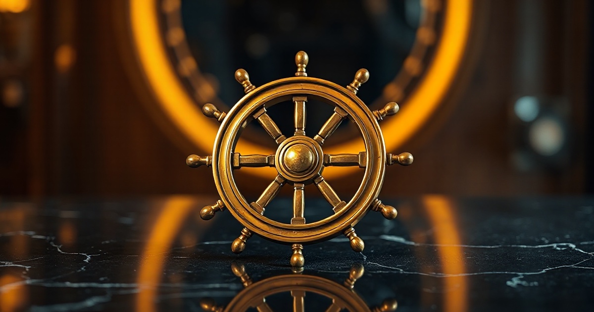 A polished brass ship's wheel standing upright on dark reflective black marble under amber rim light, used as the ThriveInMarkets morning analysis hero for Wednesday August 19 2026, when West Texas Intermediate extended a fourth session higher toward 85.70 dollars as Washington and Tehran sent conflicting signals on whether the Strait of Hormuz is open to shipping