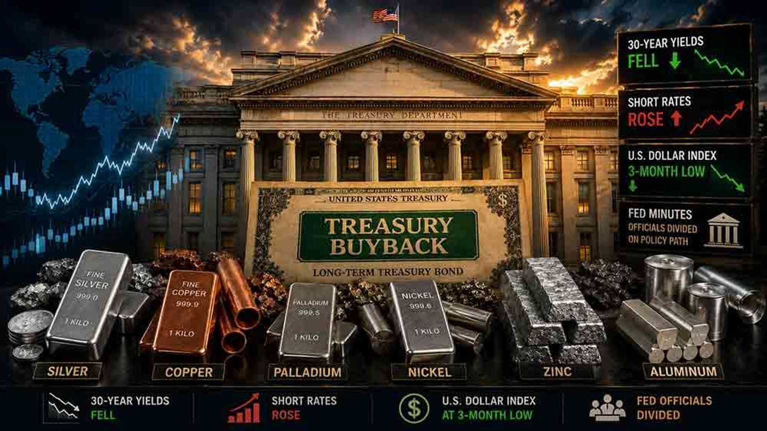 An illustrated US Treasury Department facade with silver, copper and palladium bars in the foreground, used as the ThriveInMarkets morning analysis inline image for Thursday August 20 2026, when spot gold faded toward 4,490 dollars after Wednesday's surge through 4,519 as 30-year yields eased and the dollar hit a three-month low