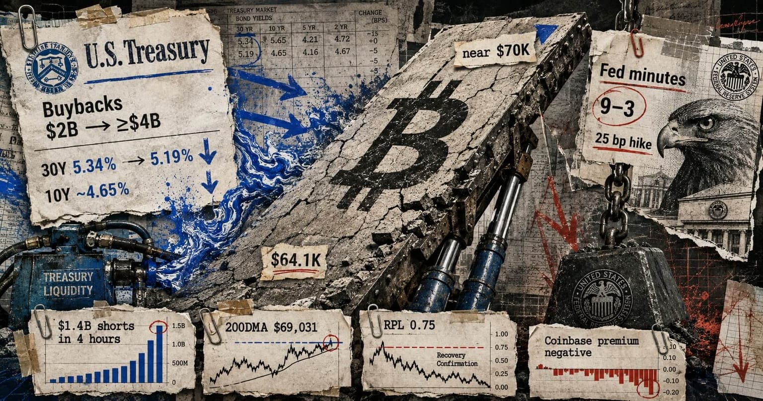 A hydraulic press cracking a stone Bitcoin slab beside Treasury buyback and Fed-minutes clippings, used as the ThriveInMarkets morning analysis hero for Thursday August 20 2026, when Bitcoin held near 69,700 dollars after tagging 70,000 overnight on the Treasury long-end buyback that liquidated more than 1 billion dollars of shorts