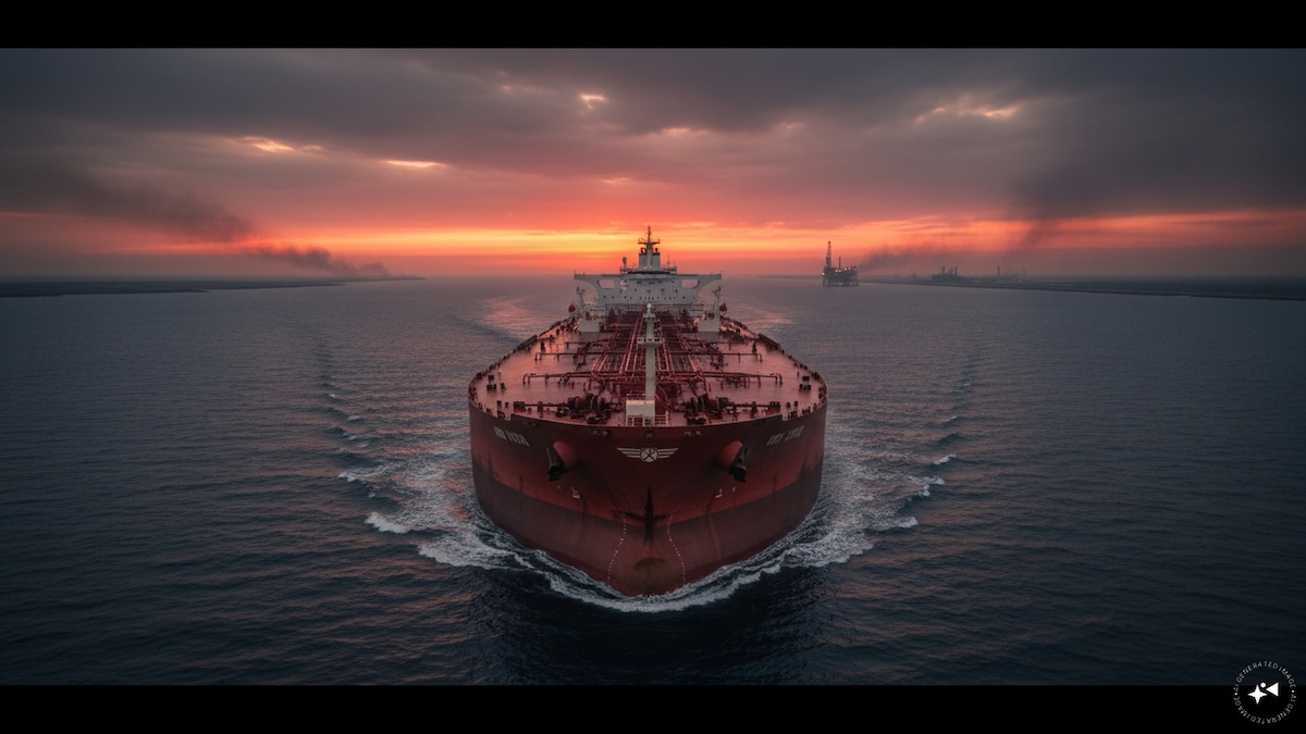 A red crude-oil tanker steams toward camera under a dark orange sky with a distant platform on the horizon, used as the ThriveInMarkets morning analysis inline image for Thursday September 3 2026, when West Texas Intermediate eased toward 90.50 dollars and Brent held near 95 dollars after President Trump said the latest US strikes on Iran would not last too long and Hormuz transit counts stayed below the recent average