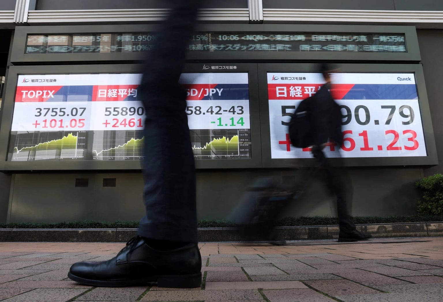 Pedestrians walk past a Tokyo street board showing TOPIX and Nikkei 225 quotes, used as the ThriveInMarkets morning analysis inline image for Wednesday September 16 2026, when Japan's Nikkei 225 last printed 63,721.89, up 0.4 percent, overnight E-mini S&P 500 futures sat near 7,604, and the Federal Reserve was hours from a widely priced 25-basis-point hike