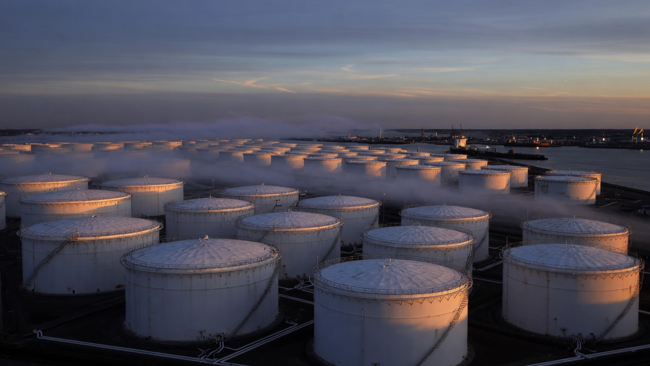 Rows of white crude oil storage tanks recede toward a harbor at dusk, used as the ThriveInMarkets morning analysis inline image for Wednesday September 23 2026, when West Texas Intermediate November futures last printed about 89.40 dollars on a sixth down session after Iran floated a seven-day Hormuz reopening and Saudi Arabia restarted its East-West pipeline