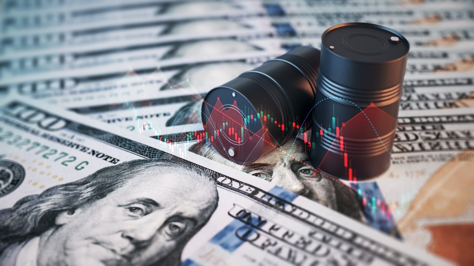 Black oil barrels rest on a spread of US 100-dollar bills with a candlestick overlay, used as the ThriveInMarkets morning analysis inline image for Monday September 28 2026, when West Texas Intermediate last printed about 94 dollars and Brent rebounded above 107 after President Trump rejected Iran's proposal to reopen the Strait of Hormuz