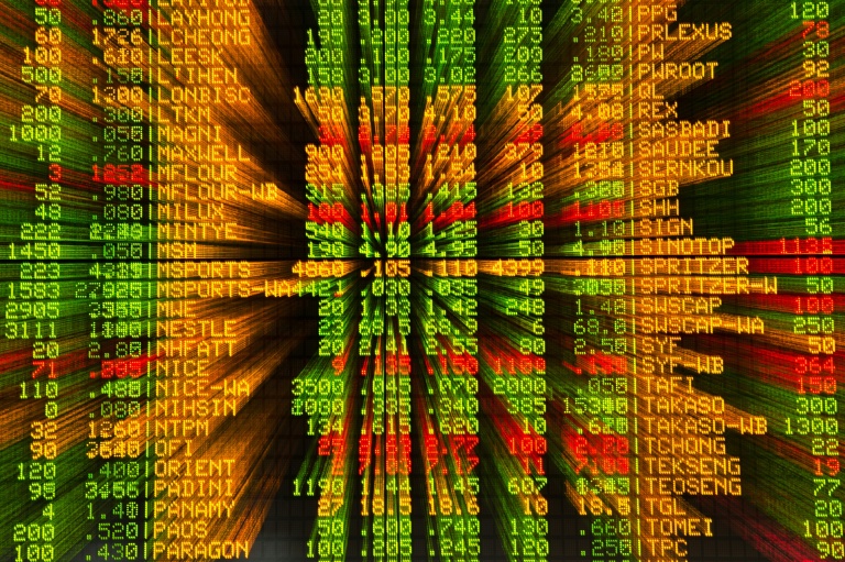 A colorful mosaic of stock ticker symbols in green, yellow and red on a dark board, used as the ThriveInMarkets morning analysis inline image for Tuesday October 6 2026, when overnight E-mini S&P 500 December futures sat near 7,841 against Monday's 7,773.95 cash close and the Nasdaq Composite's 27,477.31 record
