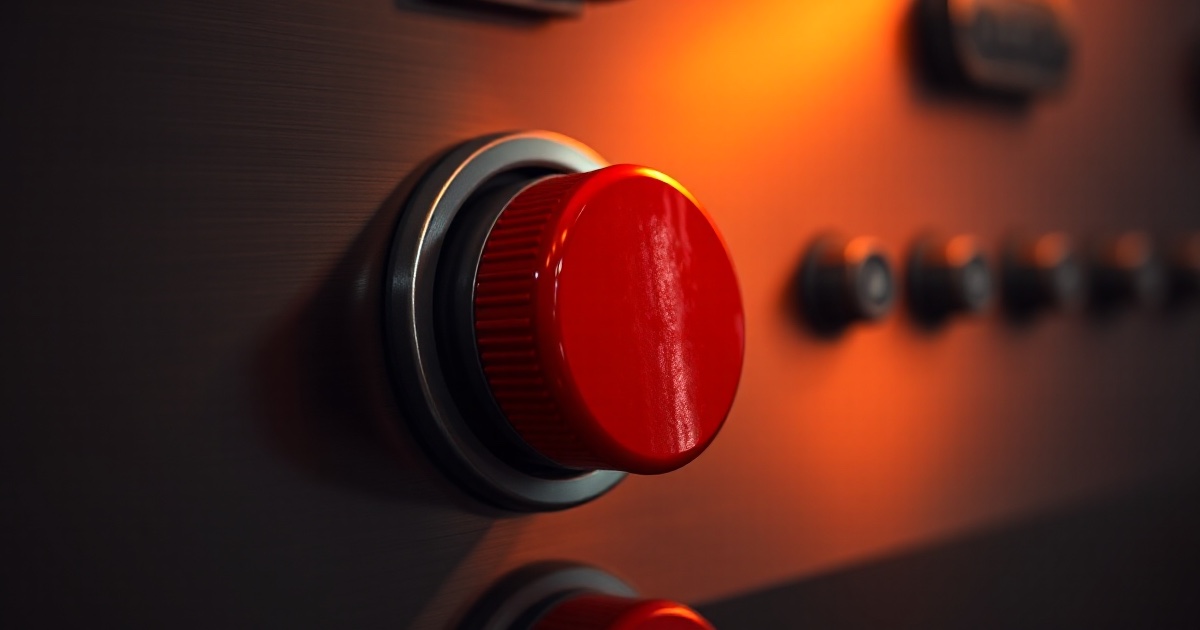 A large red industrial emergency-stop button on a dark brushed-metal control panel under amber light, used as the ThriveInMarkets morning analysis inline image for Thursday October 15 2026, when South Korea's Kospi triggered a circuit breaker at 12:38 p.m. and closed 5,554.22 down 7.57 percent