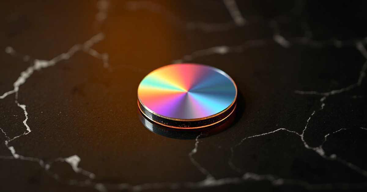 A round iridescent silicon semiconductor wafer on dark veined marble under amber rim light, used as the ThriveInMarkets morning analysis hero for Thursday October 15 2026, when South Korea's Kospi closed 5,554.22 down 7.57 percent after circuit breakers halted Seoul trading and TSMC posted a sixth straight record quarter