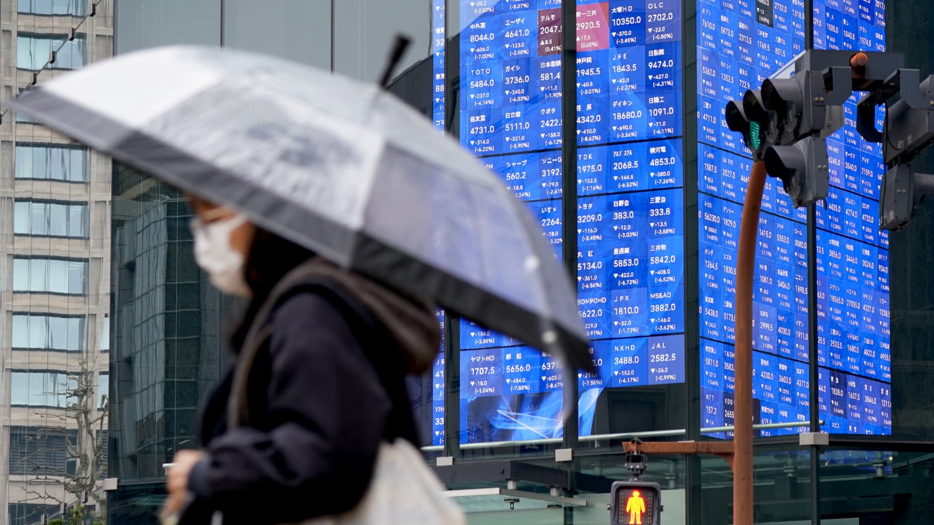 Asia-Pacific stock market board in Tokyo during volatile trading on April 7 2026