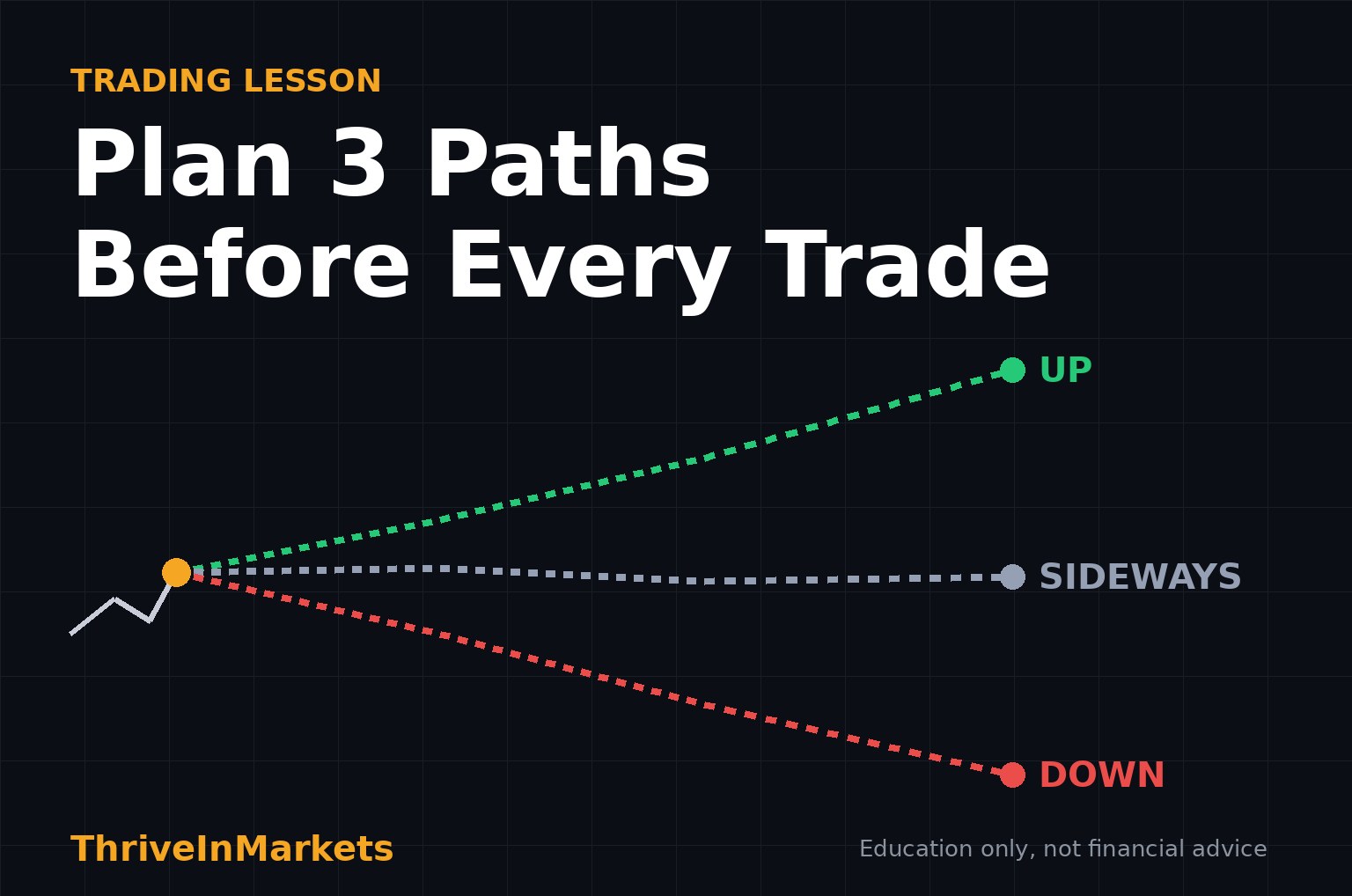 Plan 3 Paths Before Every Trade cover with up, sideways and down path lines on a dark chart background, ThriveInMarkets trading lesson