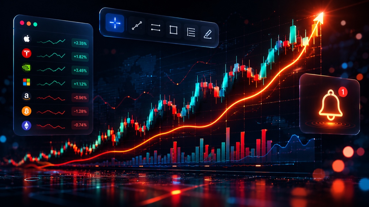 Stylized TradingView trading dashboard with a rising candlestick chart and uptrend line, a watchlist panel, drawing tools and a price-alert bell -- hero for the How to Use TradingView beginner's walkthrough