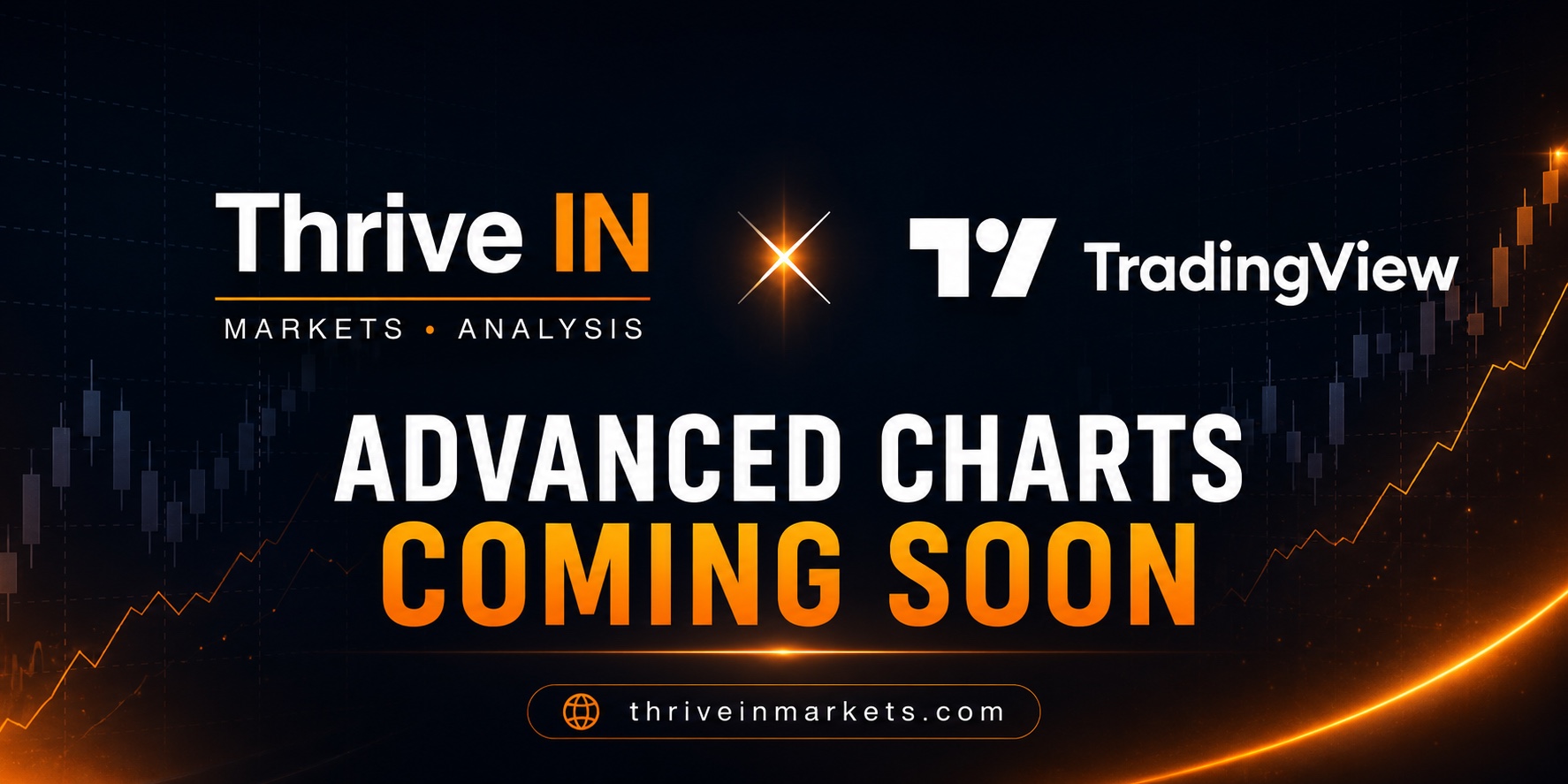 The Thrive IN Markets Analysis wordmark and the official TradingView logo over a dark candlestick chart backdrop with the words Advanced Charts Coming Soon, announcing the ThriveInMarkets partnership with TradingView that brings licensed Advanced Charts with persistent drawings, saved layouts and custom CVD, open interest and funding indicators to the homepage