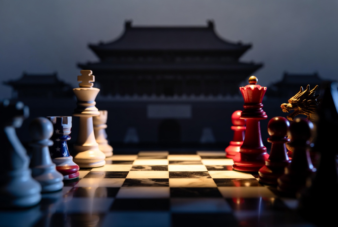 Cinematic low-angle photograph of a marble chess board with a white king carrying an American-flag pattern facing a red Chinese king with traditional dragon ornament, the silhouette of the Forbidden City rooflines blurred in the background under moody dark lighting, representing the strategic chess match between Washington and Beijing heading into the May 14-15 2026 Trump-Xi summit and the trade, rare-earth and AI export-control deliverables that traders are positioning for