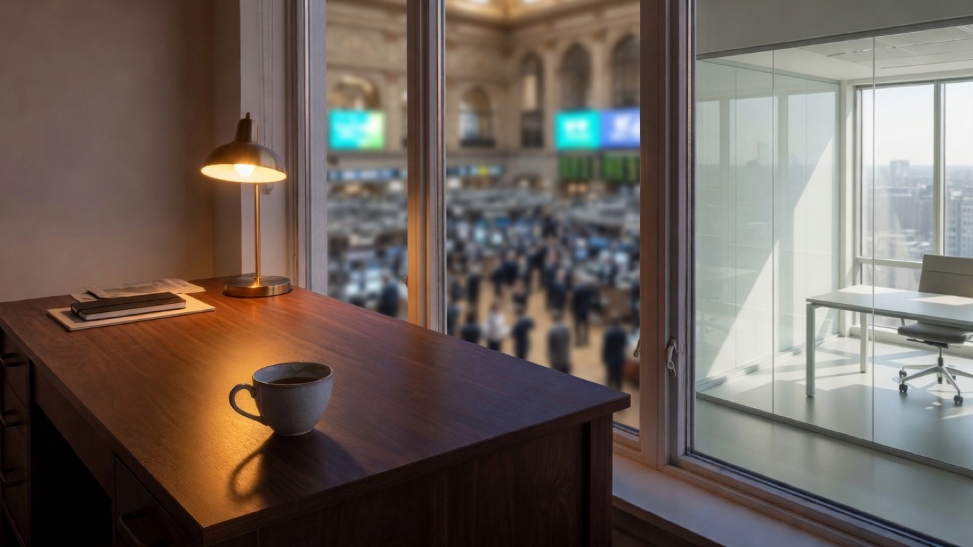 A busy stock-exchange hall seen beside a small empty new office, an original illustration of the large New York VEU fund next to the much smaller European share of the same index
