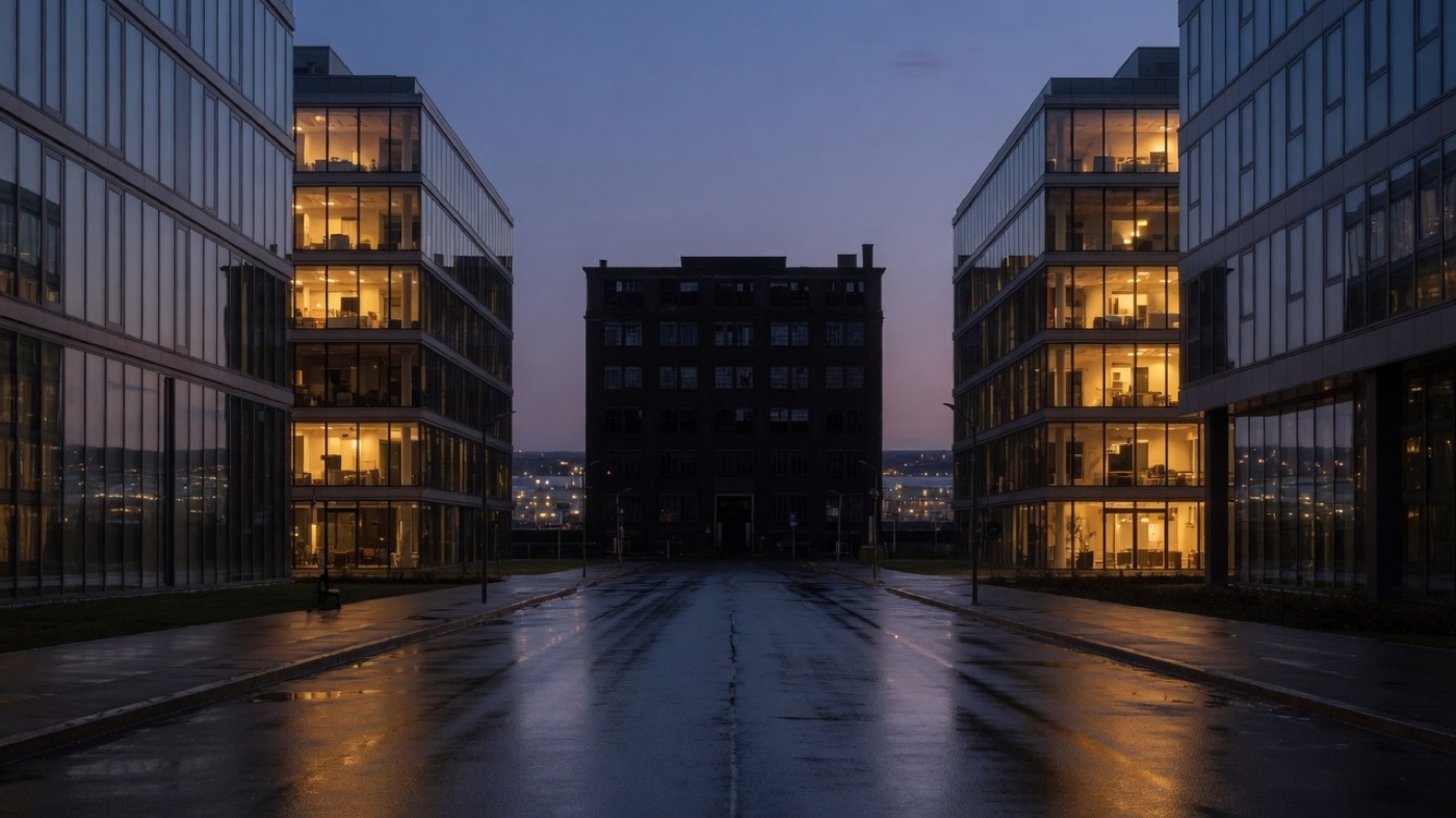A dark unlit factory standing between modern office buildings that are still lit at dusk, an original illustration of one failed company inside a broad index