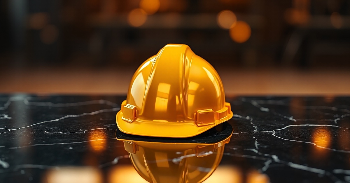 A single polished golden construction hard hat resting on a dark reflective black marble surface under dramatic warm amber and gold rim light with soft glowing bokeh, symbolising the US labor market and the June jobs report that headlines the holiday-shortened ThriveInMarkets trading week of June 29 to July 3 2026, pulled forward to Thursday July 2 because of the July 3 Independence Day market close, with consensus looking for roughly 130,000 to 160,000 nonfarm payrolls and unemployment holding at 4.3 percent as the first major labor read since Chair Warsh's hawkish FOMC left markets pricing zero 2026 rate cuts