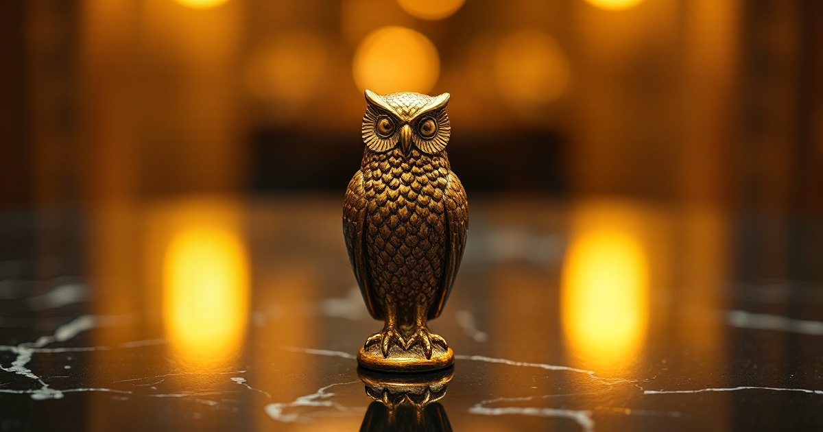 A single polished golden owl statue perched upright on a dark reflective black marble surface under dramatic warm amber and gold rim light with soft glowing bokeh, symbolising the watchful, patient tone of the ThriveInMarkets week ahead preview as investors await the June FOMC minutes from Chair Kevin Warsh's first meeting on Wednesday July 8 2026 and the unofficial start of second-quarter earnings season, with PepsiCo reporting Thursday July 9 and Delta Air Lines on Friday July 10 as bellwethers for consumer staples and travel demand, while a Hyperliquid HYPE token unlock and a broadening set of crypto ETF flows keep digital assets in focus and Bitcoin holds near 63,100 dollars.