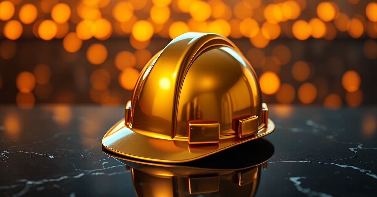 A single polished golden construction hard hat helmet resting on a dark reflective black marble surface under dramatic warm amber and orange rim light with soft glowing golden bokeh behind it, illustrating the ThriveInMarkets week-ahead section on the labour market for the week of August 3 to 7 2026, when July nonfarm payrolls on Friday are expected near plus 130,000 jobs after June's shock plus 57,000 print, alongside ADP private payrolls and weekly jobless claims