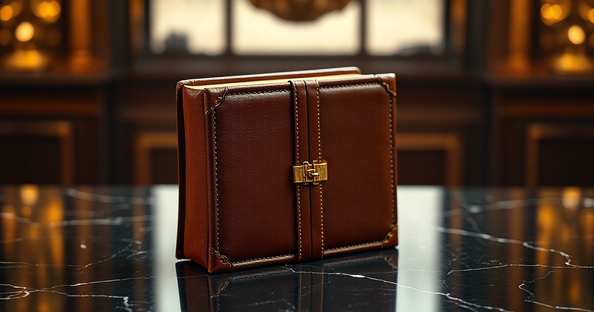A thick leather-bound official minutes book with gold-leaf edges and a brass clasp standing on dark reflective marble under warm amber light, symbolising Wednesday's July FOMC minutes after a 9-3 hold at 3.50 to 3.75 percent with three hike dissents