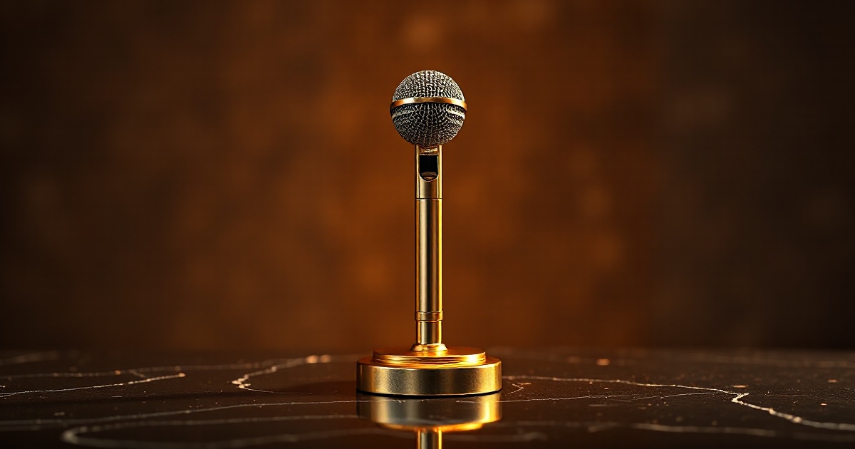 A polished brass podium microphone standing upright on dark reflective black marble under warm amber rim light, symbolising Chair Kevin Warsh's first Jackson Hole keynote on Friday August 28 2026 at 14:00 UTC