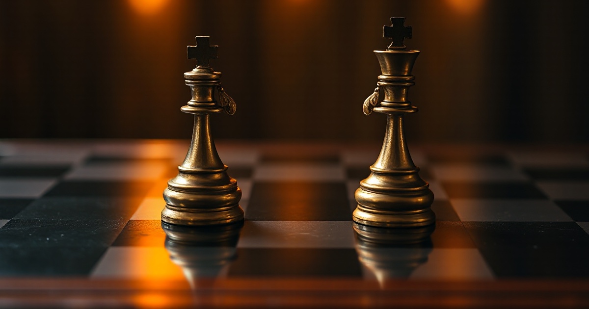 Two antique brass chess kings face each other on a dark polished chessboard under warm amber rim light, used as the ThriveInMarkets week-ahead inline image for September 21 to 25 2026, when President Xi Jinping sits with President Trump at the White House on Thursday