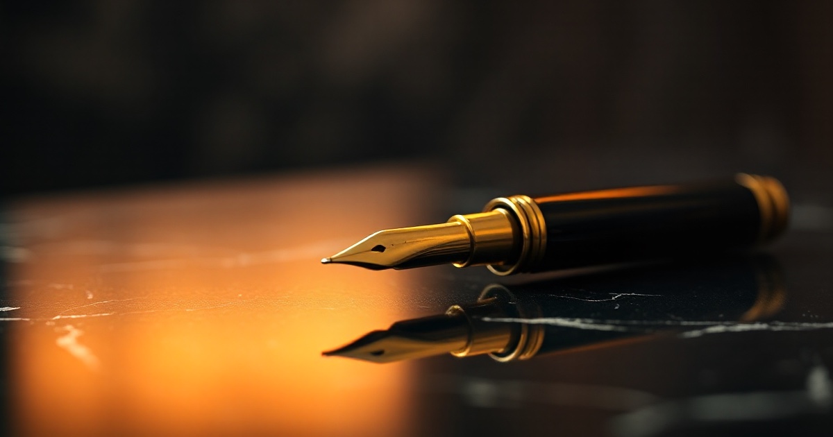 A brass fountain pen with a gold nib rests on dark reflective marble under warm amber rim light, used as the ThriveInMarkets week-ahead inline image for September 28 to October 2 2026, when Friday payrolls, Wednesday PCE, and Tuesday's RBA decision fill the calendar into the October 28 FOMC