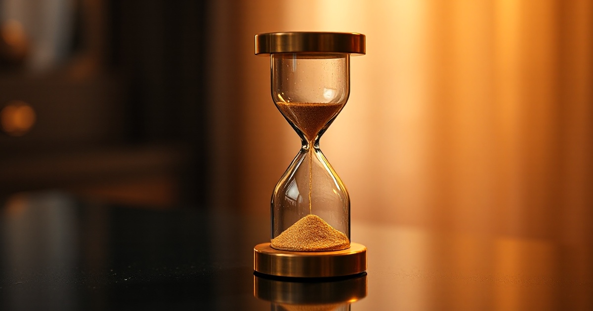A brass hourglass with golden sand stands on a dark reflective desk under warm amber rim light, used as the ThriveInMarkets week-ahead hero for September 28 to October 2 2026, when Friday's payrolls, Wednesday's August PCE, and Tuesday's RBA decision set the path into the October 28 FOMC