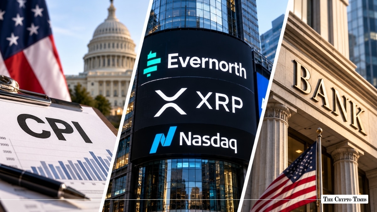 A three-panel collage of a CPI clipboard in front of the US Capitol, an Evernorth XRP Nasdaq tower, and a bank facade, used as the ThriveInMarkets week-ahead inline image for October 12 to 16 2026, when September CPI prints Wednesday at 12:30 UTC, Evernorth common stock is expected to debut as XRPN on Monday, and Q3 bank earnings open Tuesday before the open