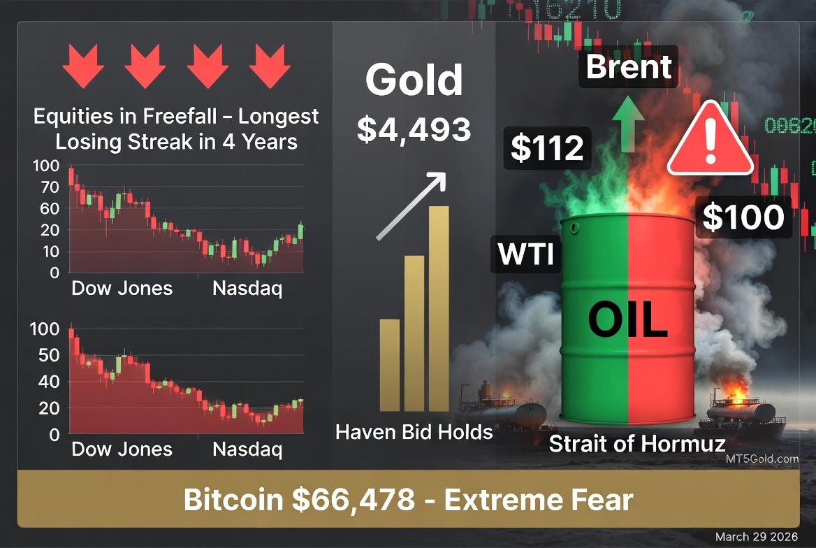 Stock market charts showing Dow correction and S&P 500 five-week losing streak amid Iran oil crisis March 2026