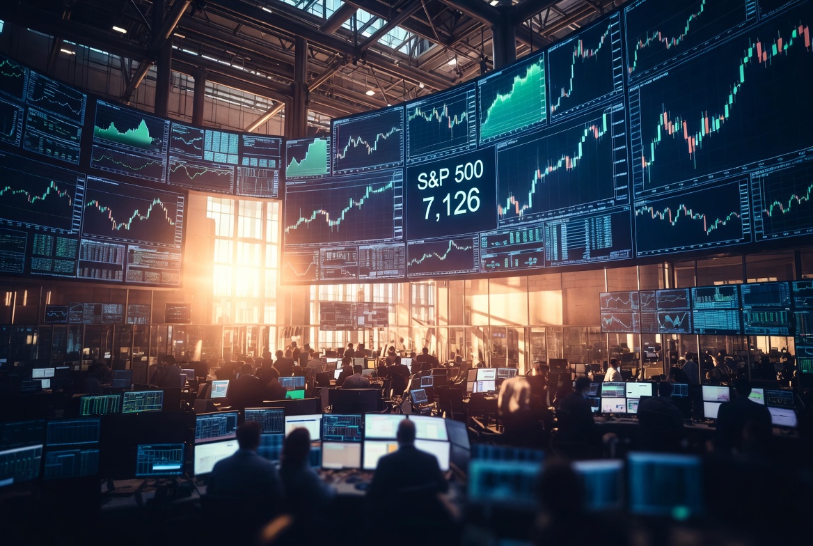 Wall Street trading floor at sunset showing S&P 500 7126 all-time high on giant screens, weekend market recap April 19 2026