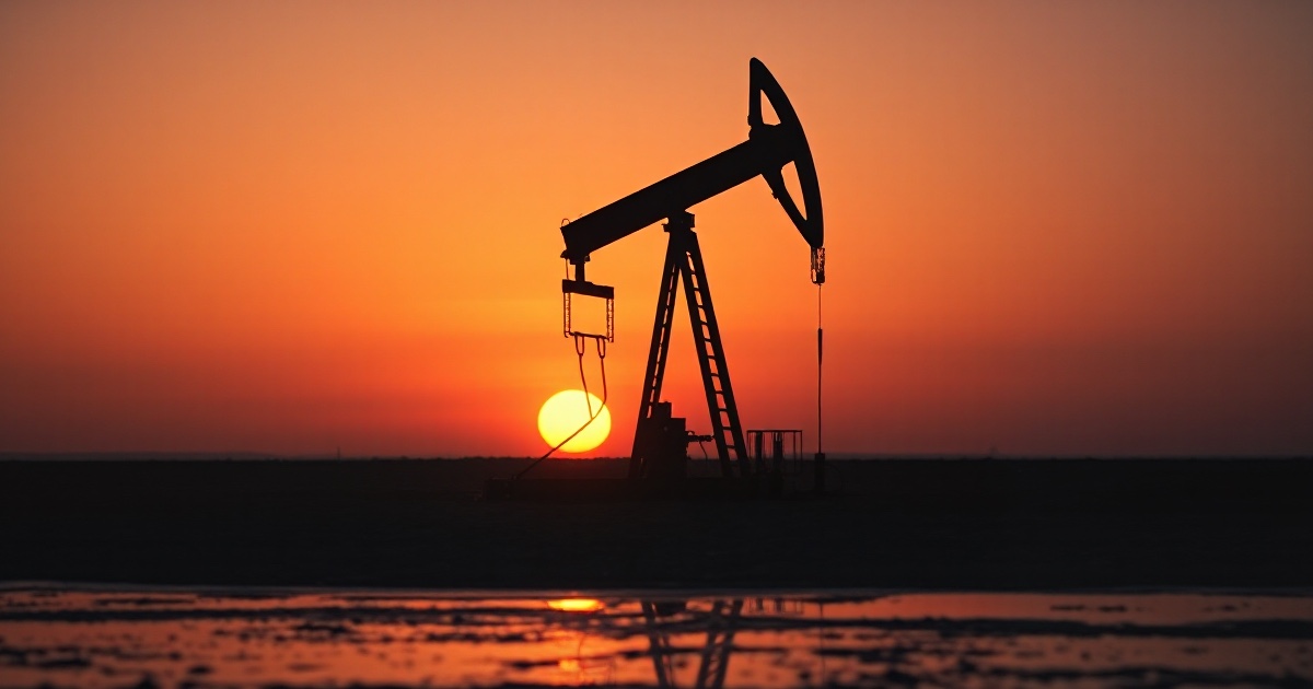 A lone oil pump jack silhouetted against a glowing orange dusk sky with wet reflective ground, symbolizing WTI crude draining its war premium to an eight-week low near 84.88 dollars on hopes of a US-Iran peace framework reopening the Strait of Hormuz