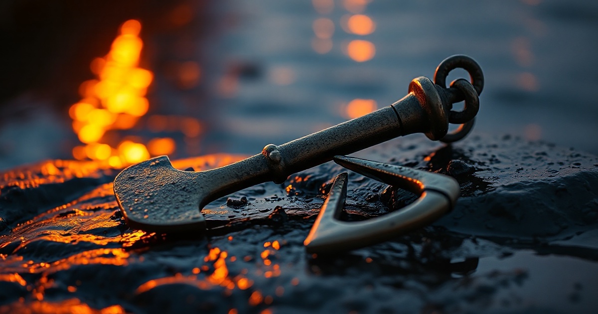 A heavy brass ship's anchor rests on dark wet reflective stone beside calm water under dramatic amber and orange rim light with soft glowing bokeh, illustrating the June 15 to 19 2026 ThriveInMarkets weekly recap as a US-Iran interim peace deal reopening the Strait of Hormuz drained the geopolitical war premium and sank WTI crude nearly 9 percent on the week to about 77 dollars, with tankers resuming transit through the strait, planned follow-up talks in Switzerland postponed after a southern Lebanon flare-up before a renewed Israel-Hezbollah ceasefire, spot gold easing about 1.2 percent to roughly 4,150 dollars on a one-year-high dollar, the S&P 500 finishing near 7,500.58 up about 0.9 percent on the week after a hawkish Federal Reserve, Bitcoin near 63,900 dollars and Ethereum near 1,728 dollars