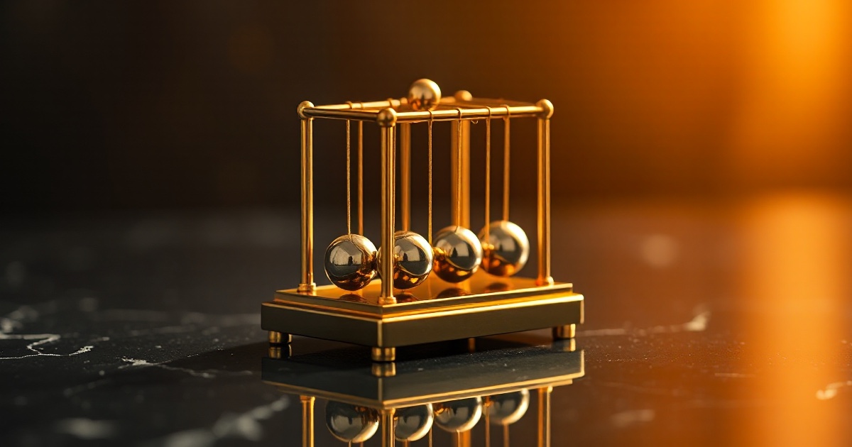A polished golden Newton's cradle desk toy with the end ball swung up mid-strike rests on a dark reflective black marble surface under dramatic warm amber and gold rim light with soft glowing bokeh, illustrating the June 22 to 26 2026 ThriveInMarkets weekly recap after a chain-reaction selloff in the artificial-intelligence trade erased roughly 1.4 trillion dollars of market value, dragging the Nasdaq Composite down about 4.6 percent on the week to 25,297.62 for a fifth straight losing session and the S&P 500 down close to 2 percent to 7,354.02 while the Dow Jones Industrial Average rose about 0.6 percent on a rotation into value, as a New York Times report that OpenAI may delay its public listing into 2027 pressured chip stocks, ON Semiconductor fell more than 22 percent on a 7 billion dollar Synaptics deal, memory maker Micron posted record quarterly revenue near 41.5 billion dollars and guided to about 50 billion dollars, Apple and Microsoft raised prices on surging memory costs, a hot core PCE inflation print of 3.4 percent revived higher-for-longer rate fears, Bitcoin slid below 58,000 dollars to its lowest level since September 2024 before recovering near 60,100, Ethereum eased to about 1,580 dollars as the Ethereum Foundation cut 20 percent of its staff, Binance prepared to halt EU services from July 1 after failing to secure a MiCA license, WTI crude fell about 11 percent to a four-month low near 68.86 dollars and gold eased about 2 percent to roughly 4,063 dollars
