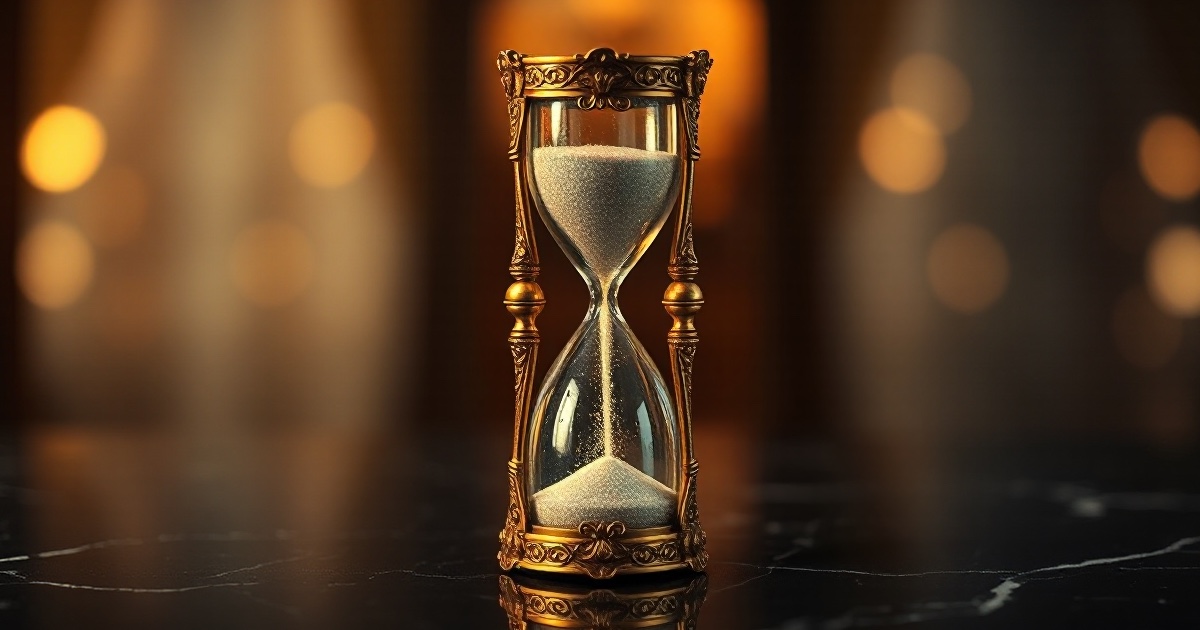 A single ornate golden hourglass with fine glowing sand streaming through its narrow neck, standing on a dark reflective black marble surface under dramatic warm amber and gold rim light with soft glowing bokeh, symbolising the turn into the second half of 2026 as markets reopen Monday July 6 after the July 4 holiday, with June FOMC minutes due July 8 and June CPI and the first Q2 bank earnings landing July 14 as the next major catalysts for the ThriveInMarkets weekend recap.