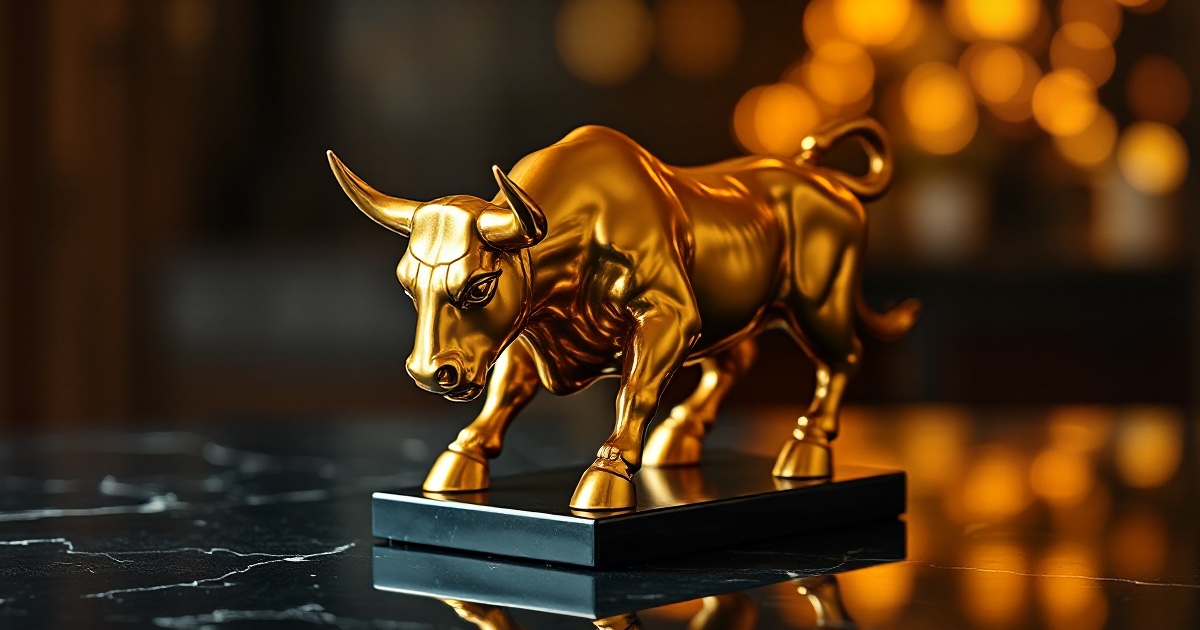 A single polished golden charging bull statue with its head lowered and horns forward in a powerful muscular stance, standing on a dark reflective black marble surface under dramatic warm amber and gold rim light with soft glowing bokeh, symbolising the ThriveInMarkets weekend recap for the trading week ending Sunday July 5 2026, after a surprisingly weak June jobs report of just 57,000 new hires drove the Dow Jones Industrial Average to a record close of 52,900.07 and cooled the Federal Reserve rate-hike debate, while Meta Platforms surged about 9 percent on plans to launch a Meta Compute cloud unit selling surplus artificial-intelligence capacity and rattled the semiconductor trade with Micron and AMD sharply lower, Tesla fell about 7 percent despite a second-quarter delivery beat as Rivian jumped on raised guidance, Europe's MiCA transitional period ended on July 1 leaving only around 210 of more than 1,200 crypto firms licensed and Binance without EU authorisation, and Bitcoin retook 63,000 dollars for the first time in two weeks to fully reverse June's slump while XRP overtook USDC to become the fifth-largest cryptocurrency and Ethereum firmed above 1,700 dollars
