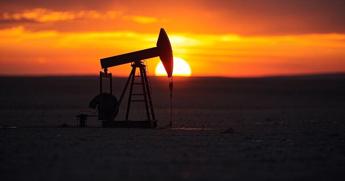 A single black steel oil pump jack silhouetted against a deep amber and orange dusk sky on a barren plain, used in the ThriveInMarkets weekend recap for July 19 2026 after WTI crude oil surged about 14 percent on the week to roughly 82 dollars a barrel as the escalating US-Iran conflict kept the Strait of Hormuz effectively closed