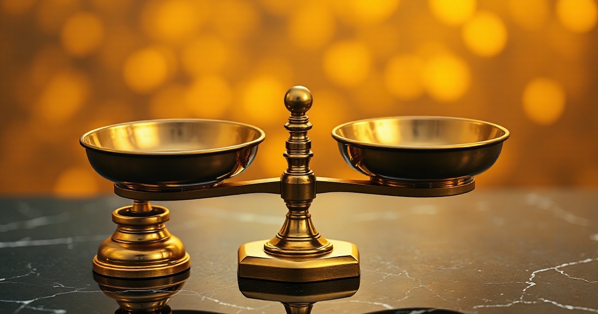 A polished antique brass two-pan balance scale with unevenly tilted pans stands on a dark reflective black marble surface under warm amber and gold rim light with soft glowing golden bokeh behind it, used in the ThriveInMarkets weekend recap for the trading week of July 13 to 17 2026, after the Philadelphia semiconductor index slid into bear-market territory down more than 20 percent from its high, dragging the S&P 500 to a Friday close of 7,457.69 down about 1.6 percent on the week and the Nasdaq Composite about 2.9 percent lower, its worst stretch in months, as Netflix fell about 7 percent on soft third-quarter guidance, Intuitive Surgical sank more than 14 percent, Travelers jumped 7.4 percent, a cooler June consumer price index cut July Federal Reserve rate-hike odds below 20 percent, WTI crude surged to about 82 dollars as the US-Iran conflict kept the Strait of Hormuz effectively closed, gold held above 4,000 dollars at 4,019, Bitcoin held near 64,600 dollars and Ether round-tripped to about 1,872 dollars