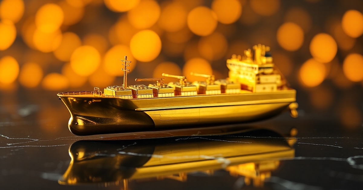 A detailed polished golden model of a large crude oil tanker ship resting on a dark reflective black marble surface under warm amber rim light, illustrating the ThriveInMarkets weekly recap section on oil and geopolitics for the week ending July 31 2026, when WTI crude closed near 84.50 dollars after a July surge of more than 20 percent driven by repeated tanker attacks in the Strait of Hormuz, while gold closed near 4,076 dollars for its first monthly gain in five months