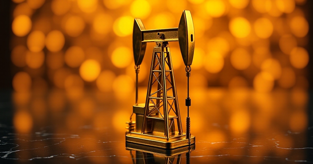 A single polished golden oil pump jack derrick on dark reflective marble under warm amber light, illustrating West Texas Intermediate crude falling about 7 percent on the week to near 78 dollars during the week of August 3 to 9 2026 on renewed US-Iran talks despite a lingering Strait of Hormuz risk premium.