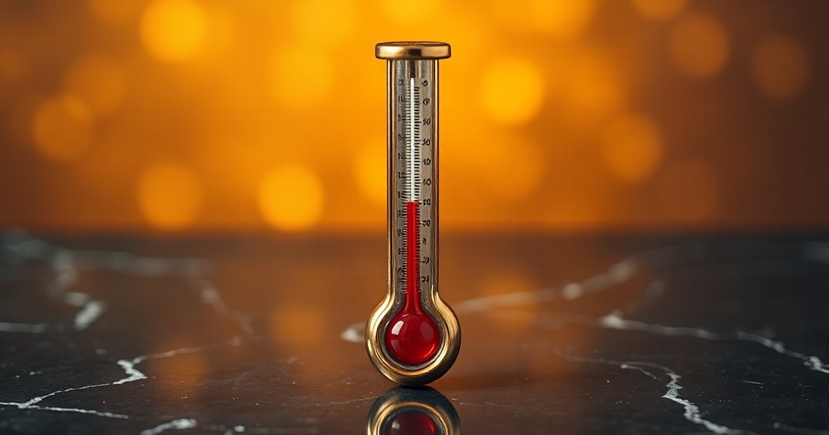 A single polished golden analog thermometer with the red mercury column dropping low on a dark reflective black marble surface under warm amber and gold rim light with glowing golden bokeh behind it, symbolising the ThriveInMarkets weekend recap for the week of August 3 to 9 2026, a week in which the July non-farm payrolls report shockingly showed the US economy lost 23,000 jobs against expectations for a gain near 83,000 with the prior two months revised down a combined 103,000, cooling the labour market and reviving Federal Reserve rate-cut bets, sending the S&P 500 to a record Friday close of 7,757.64 and its strongest week since April, the Nasdaq up about 5.2 percent on the week and the Dow near 54,037, while gold surged to about 4,338 dollars for its best week since January, West Texas Intermediate crude fell roughly 7 percent on the week to near 78 dollars, Bitcoin held near 64,750 dollars and Ether near 1,919 dollars, and in Washington the crypto market structure Clarity Act slipped to September after the Senate left on recess