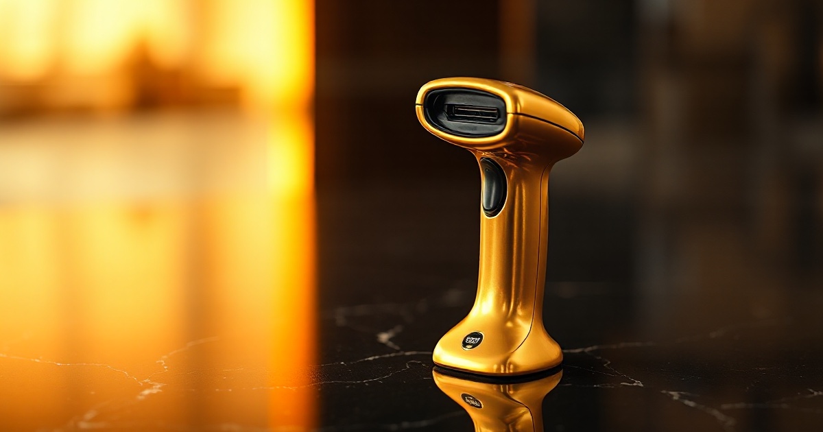 A single gleaming golden handheld barcode scanner standing on dark reflective marble under warm amber light, illustrating July retail sales falling 0.6 percent on Friday August 14 2026, the first drop in nine months, which slipped the S&P 500 0.2 percent from Thursday's record 7,798.99 to a 7,785.76 Friday close.