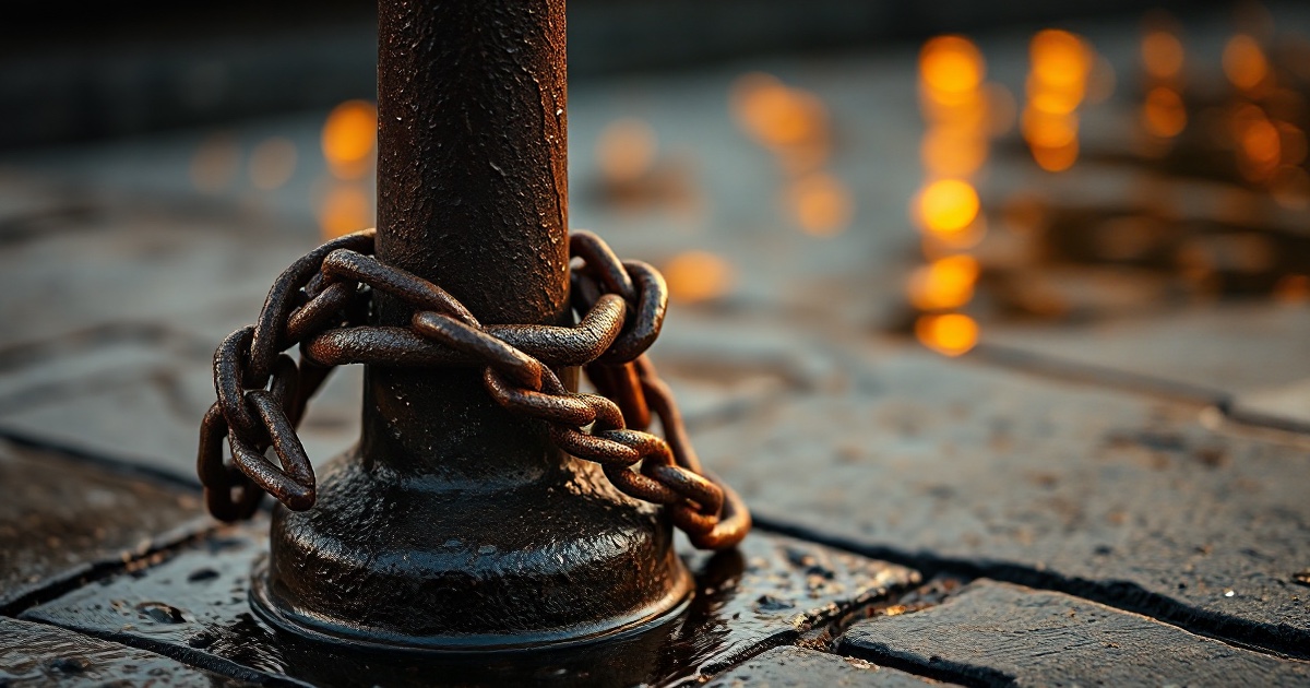 A weathered cast-iron dock bollard wrapped with a heavy rusted mooring chain sits on wet dark stone under warm amber light, used as the ThriveInMarkets weekend recap inline image for September 7 to 13 2026, when West Texas Intermediate settled Friday at 100.05 dollars, up 9.4 percent on the week from 91.48, after US Central Command said it destroyed five Iranian oil tankers and Iran-aligned Houthis seized Yemen's port of Mocha
