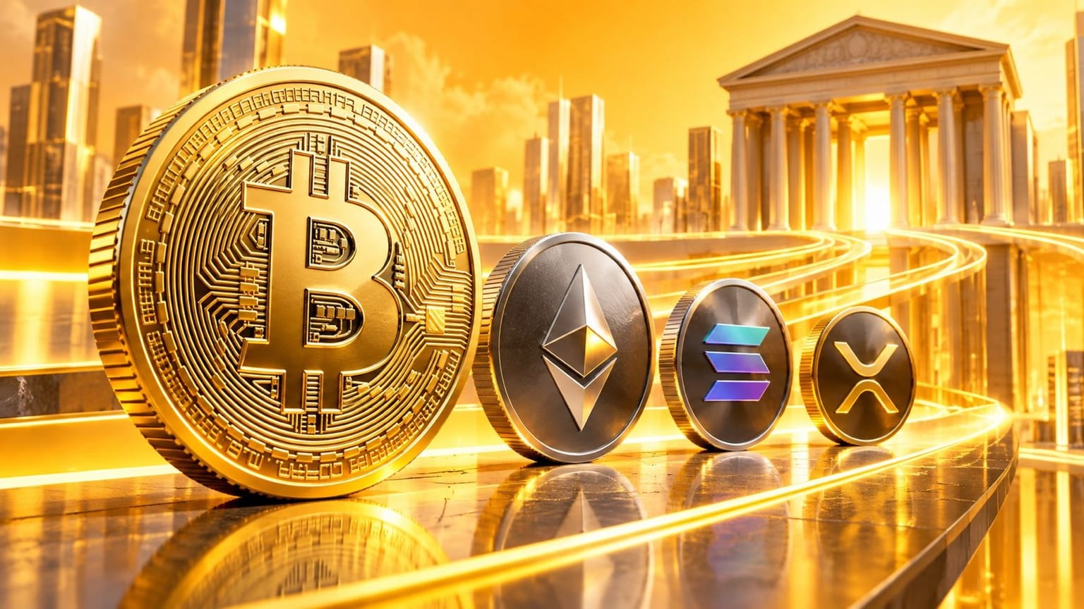 Oversized gold Bitcoin, Ethereum, Solana and XRP coins stand on a reflective gold surface in front of a classical colonnade, used as the ThriveInMarkets weekend recap inline image for September 21 to 27 2026, when US spot crypto ETFs took about 3 billion dollars and Bitcoin last printed about 84,835 dollars live on Sunday